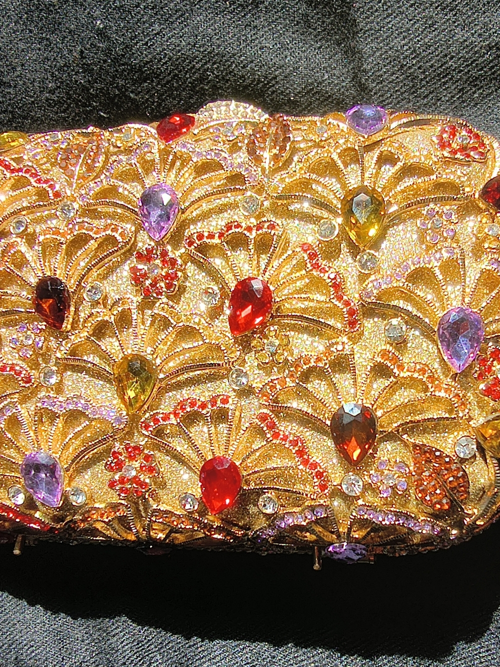 Embellished Gold Evening Clutch with Multicolor Gem Accents And Crystals.